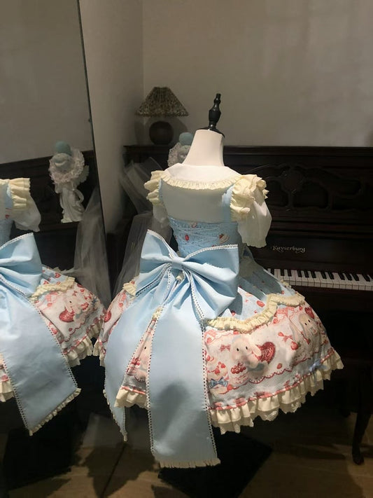 Cute Bunny and Strawberry Cake Print Blue Dress Sweet Lolita JSK / Full Set