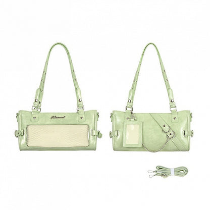 Green PU Leather Adjustable Strap Ita Shoulder Bag With Transparent Display Window