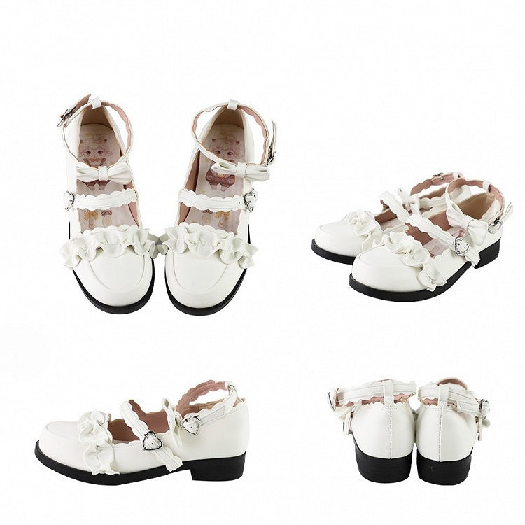 White Ruffles Trim Bowknot Decorated Heart Buckles Lolita Shoes