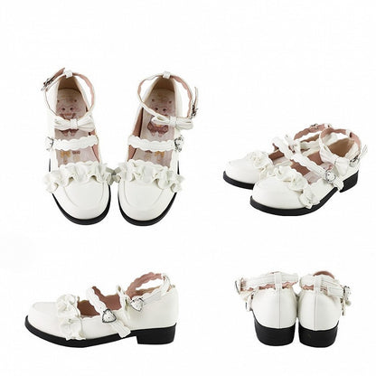 White Ruffles Trim Bowknot Decorated Heart Buckles Lolita Shoes