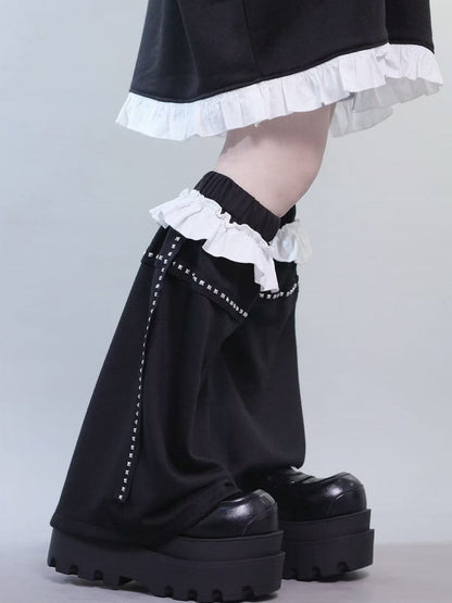 Black Jirai Kei Peter Pan Collar Insect Print Ruffles Trim T-shirt With Studs Decorated Leg Warmers