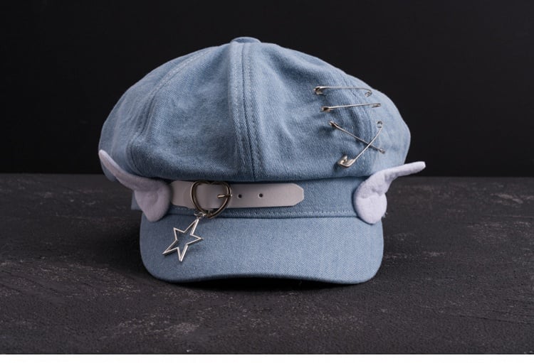 Handmade Heart Buckle and Wings Light Blue Denim Hat