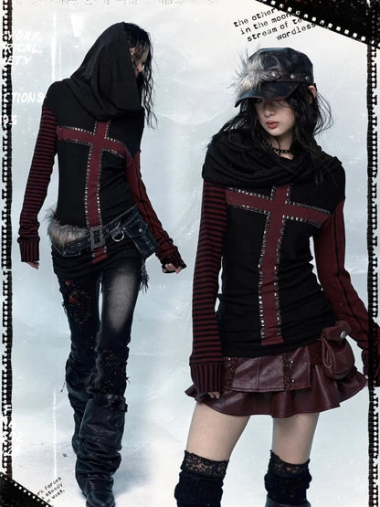 Black&Brown/Red&Black Striped Sleeves Top with Cross Design