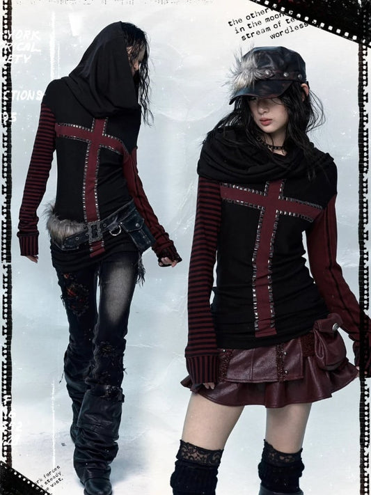 Black&Brown/Red&Black Striped Sleeves Top with Cross Design