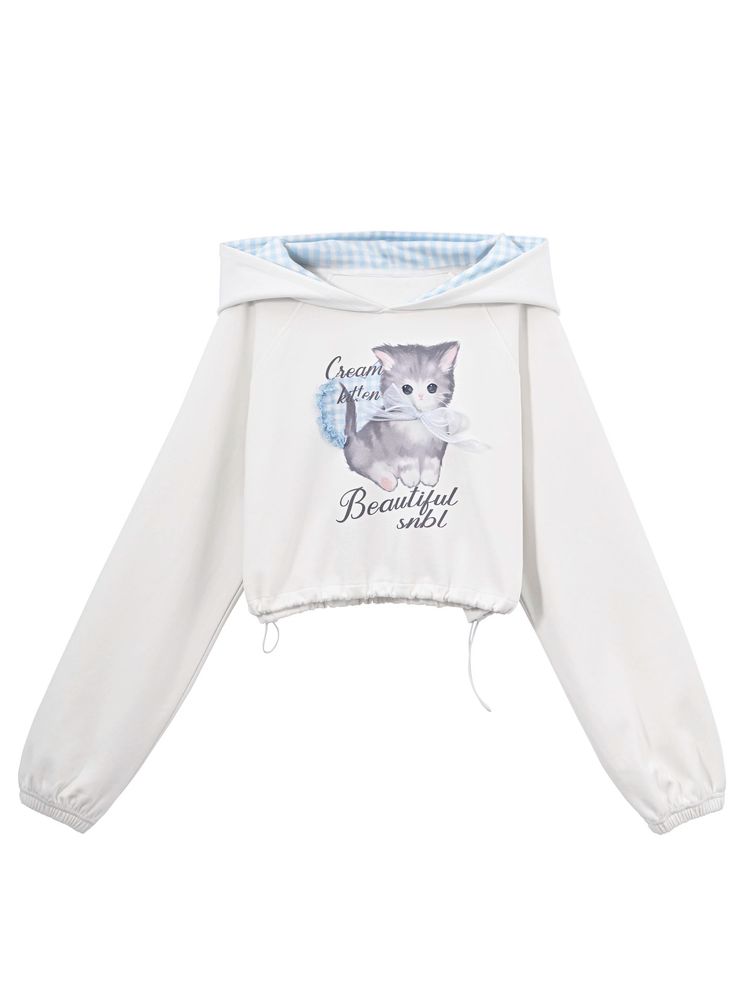 Adorable Cartoon Kitty Print Drawstring Hem Blue Plaid Hood White Hoodie