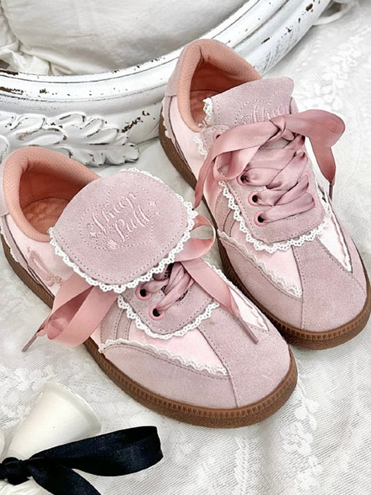 Pink Fold-over Design Lace Trim Sneakers