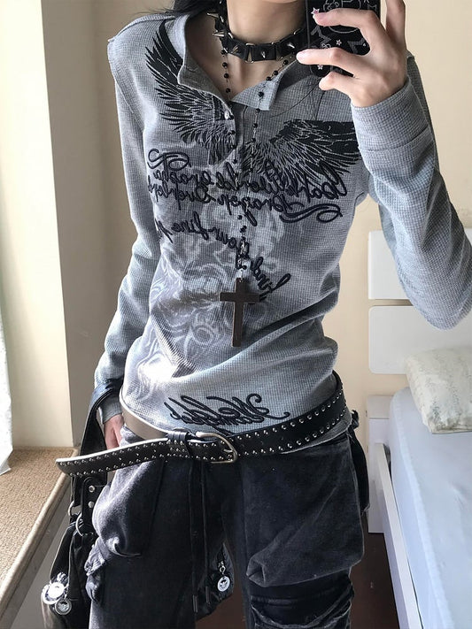 Gray Vintage Henley Neck Top with Tribal Print & Letter Embroidery