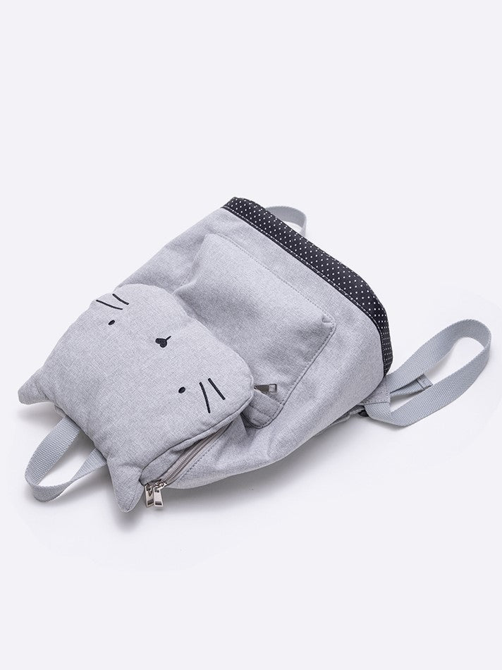 Charming Grey Cat-Ear Flap Backpack With Embroidered Kawaii Kitten Design