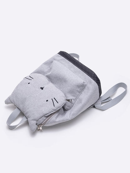 Charming Grey Cat-Ear Flap Backpack With Embroidered Kawaii Kitten Design