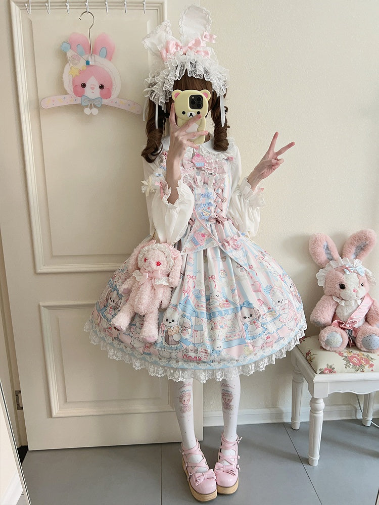 Puppy's Afternoon Tea Print Sweet Lolita Dress with Flags Ribbon