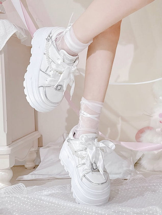 Jirai Kei White Rhinestone Platform Shoes with Detachable Beaded Chain