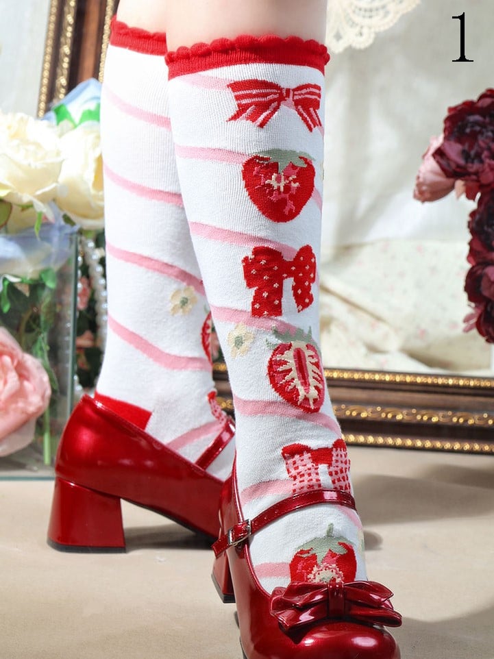 Strawberry Ice Cream Lolita Polka-dot Pattern Ruffled Cuff Calf socks