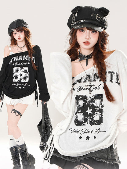 Asymmetrical Neckline Number and Letter Print Drawstring Side White/Black Top