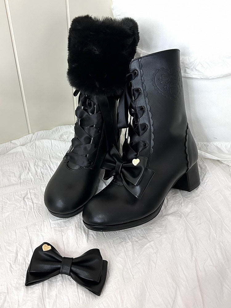 PU Black Sweet Lolita Mid-Calf Boots - Lace-Up Design with Detachable Bow & Plush Cuff