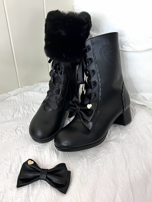 PU Black Sweet Lolita Mid-Calf Boots - Lace-Up Design with Detachable Bow & Plush Cuff