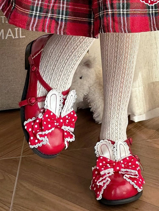 Red Crisscross Design Bunny Ear Polka-dot Pattern Bow at Top Lolita Shoes