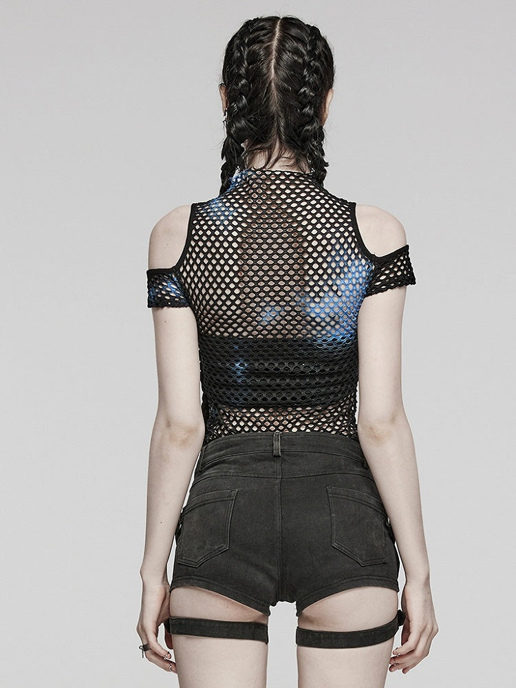 Black and Blue Punk Tie-dyed Mesh Short Sleeve T-shirt