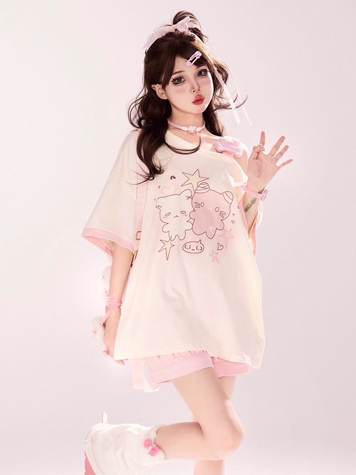 Kitty Paw Embroidery Pink/Blue/Black Elastic Waist Shorts