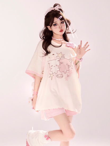 Kitty Paw Embroidery Pink/Blue/Black Elastic Waist Shorts