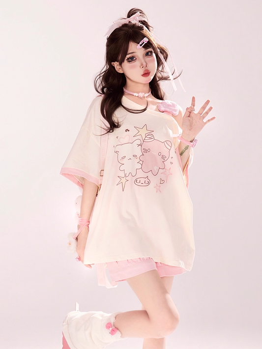 Cartoon Kitty Print Pink/Blue/Black Asymmetrical Neckline T-shirt