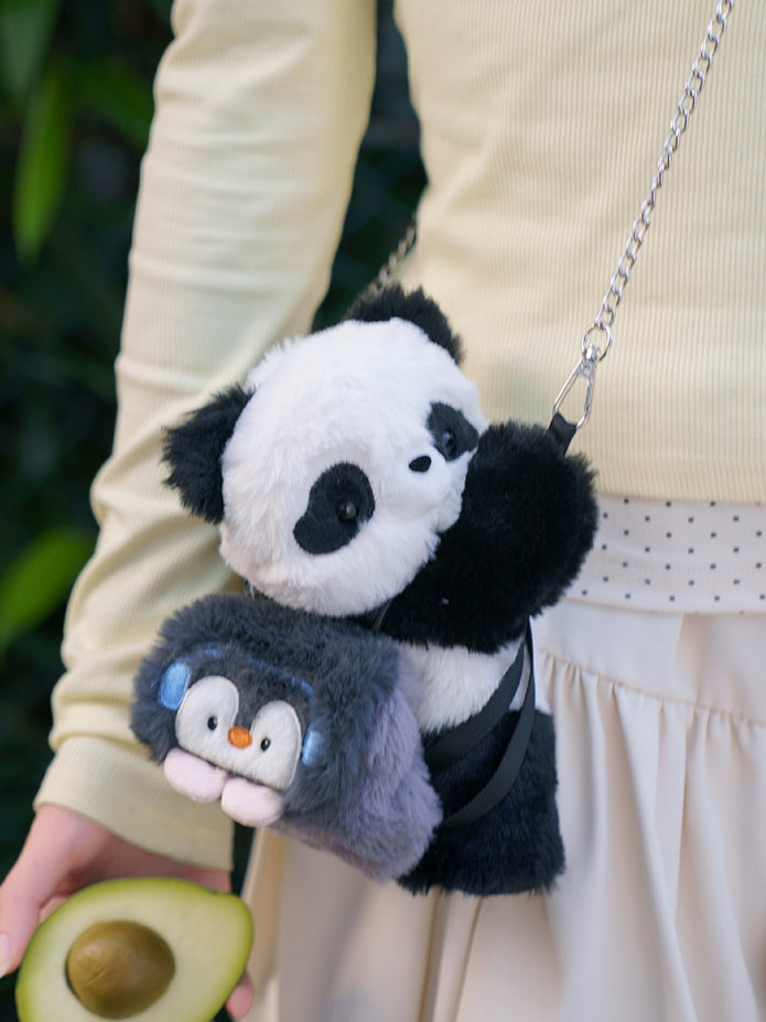 Cute Panda Plush Backpack/Crossbody Bag + Apple/Penguin Backpack Keychain