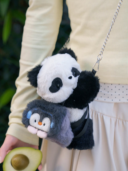 Cute Panda Plush Backpack/Crossbody Bag + Apple/Penguin Backpack Keychain