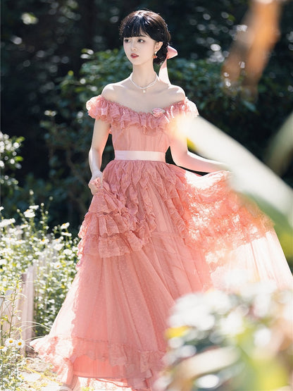 Wine Red/Pink Vintage Lace Ruffle Trim Off-the-shoulder Neckline Dress