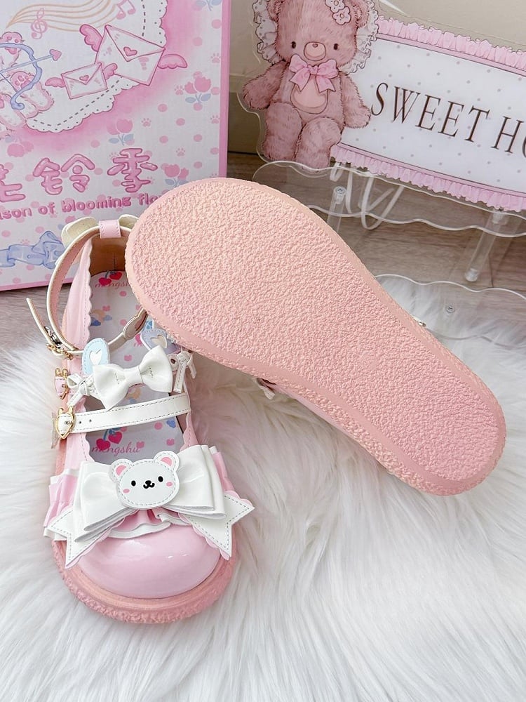 PU Pink Sweet Lolita Mary Janes - 3cm Flat Sole with Bear Theme & Heart Accents