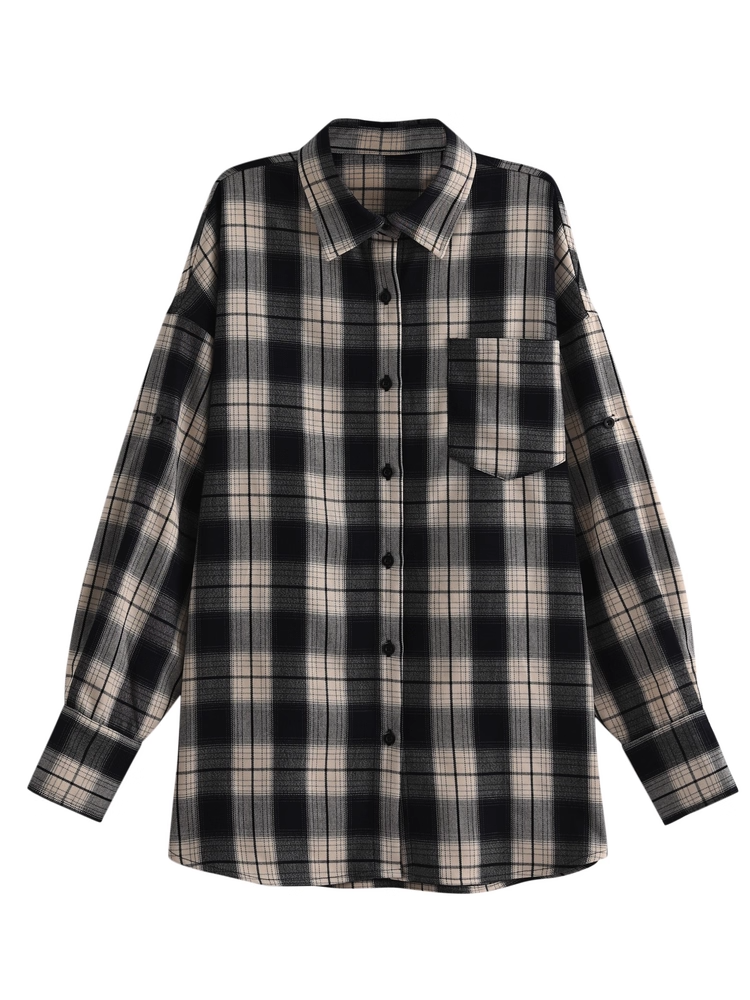 Navy Blue Front Button Placket Vintage Plaid Shirt