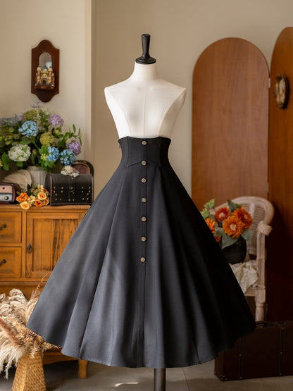 Black Boned Corset Belt High Waist Retro Midi Skirt with Button Accents