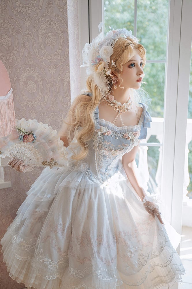 Blue Rosette Embroidery Boned Corset Top Floral and Bead Details