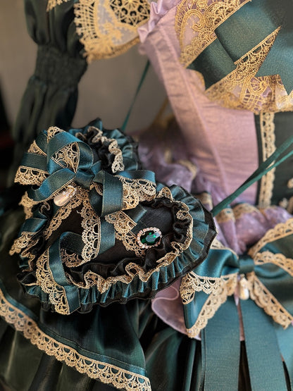 Green and Light Purple Layers Puffy Lolita Dress with Gold Lace Trim and Bow Accents