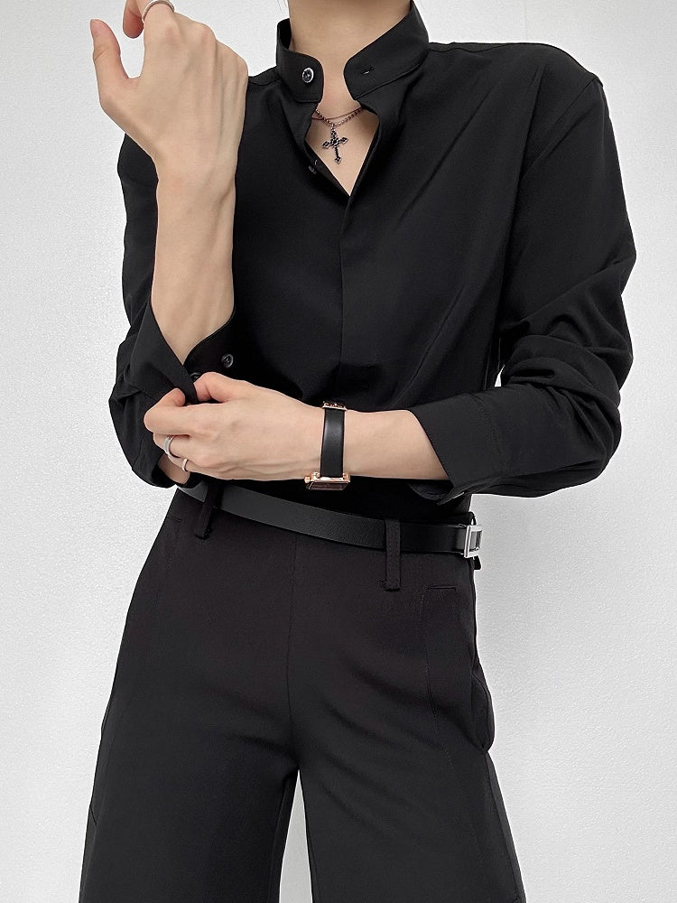 Ouji Lolita Black Unisex Mandarin Collar Long Sleeve Shirt with Button-Down Front