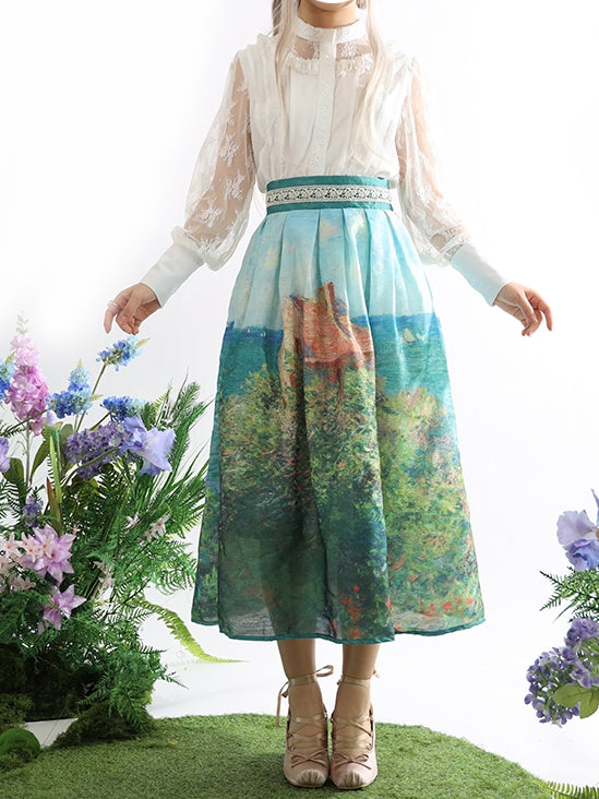 Fisherman's Cottage Oil Painting Print Geen High Waist Skirt Long/Short Version