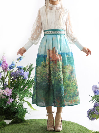 Fisherman's Cottage Oil Painting Print Geen High Waist Skirt Long/Short Version