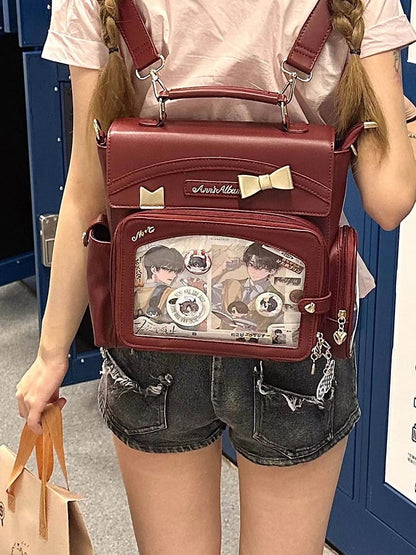 Wine Red 2-Way Ita Bag With Transparent Window And Bow Decoration