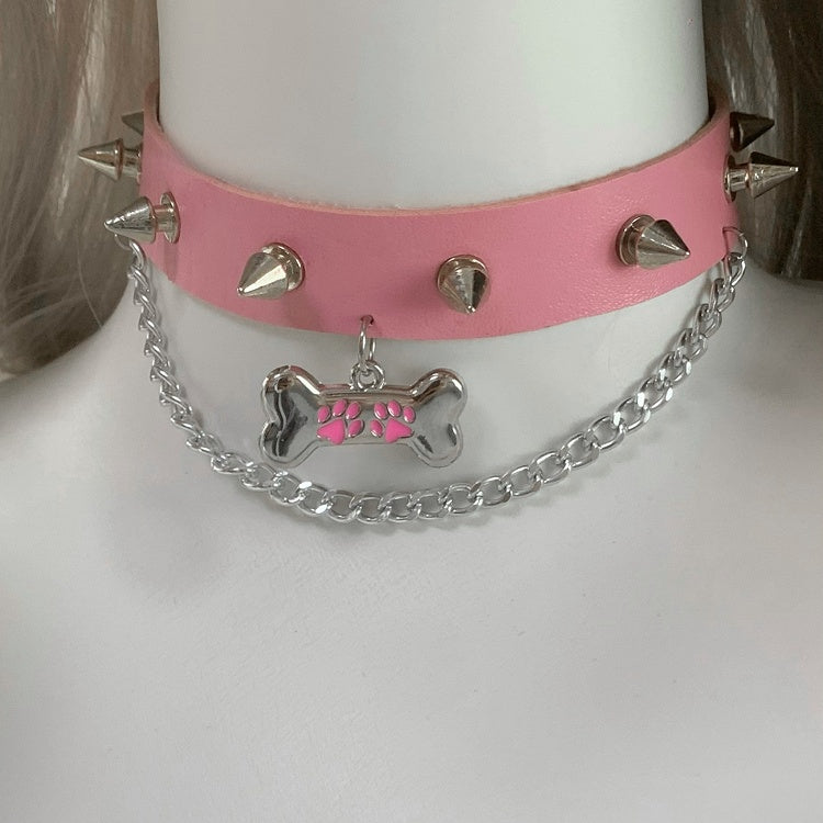 Black/White/Pink/Blue Bone Pendant Studded PU Choker with Chain