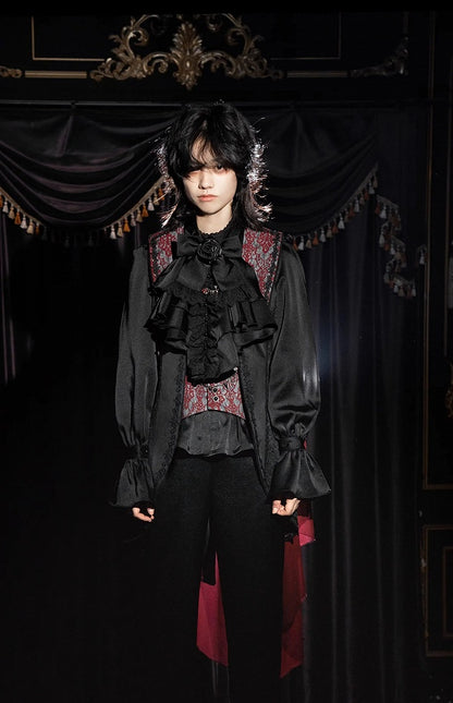 Clearance-Black and Red Prince Outfit Ouji Lolita Full Set -Size M for Bust 98CM Black Long Sleeves Shirt + Waist 74CM Waistcoat + Waist 70-74CM Black Pants
