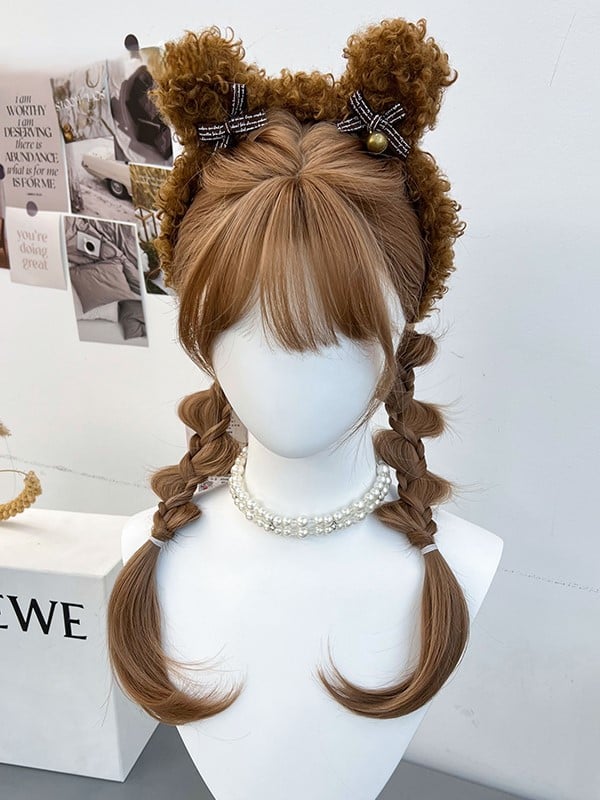 Brown Synthetic Wig With Full Bangs and Double Braided Ponytails