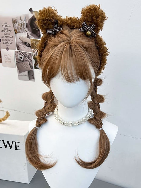 Brown Synthetic Wig With Full Bangs and Double Braided Ponytails