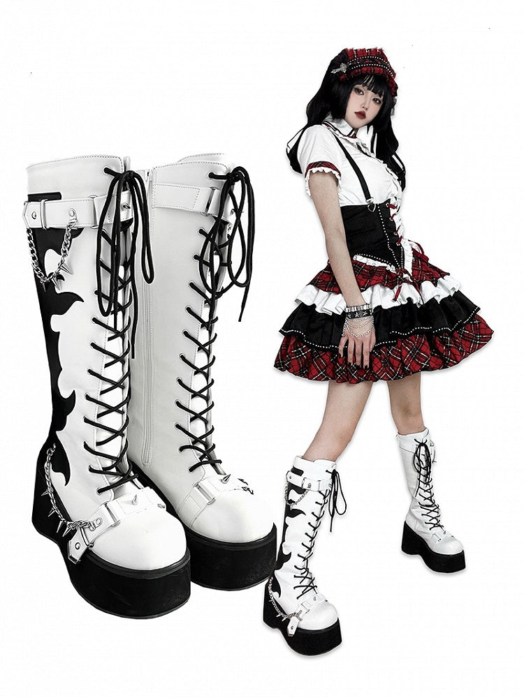 White and Black Punk Goth Platform Boots Spike Studs Chains Knee-high Boots