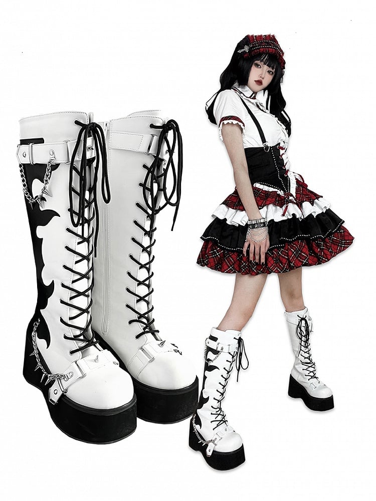 White and Black Punk Goth Platform Boots Spike Studs Chains Knee-high Boots