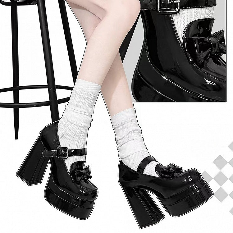 Bow at Top Black Platform Mary Janes High Block Heel