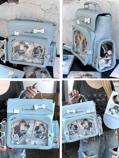Blue 2-Way Ita Bag With Transparent Window And Bow Decoration