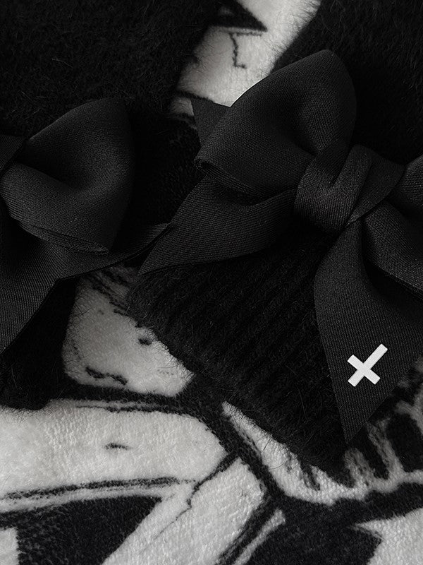 Black Gothic Bowknot Cutout Details at Finger Pads Gloves With White Cross Print