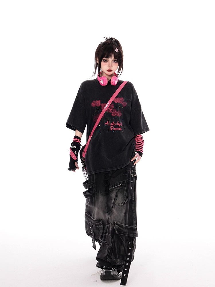 Red Rose Print Black Faded Wash Distressed Oversize T-shirt