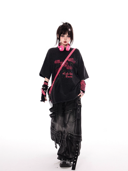 Red Rose Print Black Faded Wash Distressed Oversize T-shirt