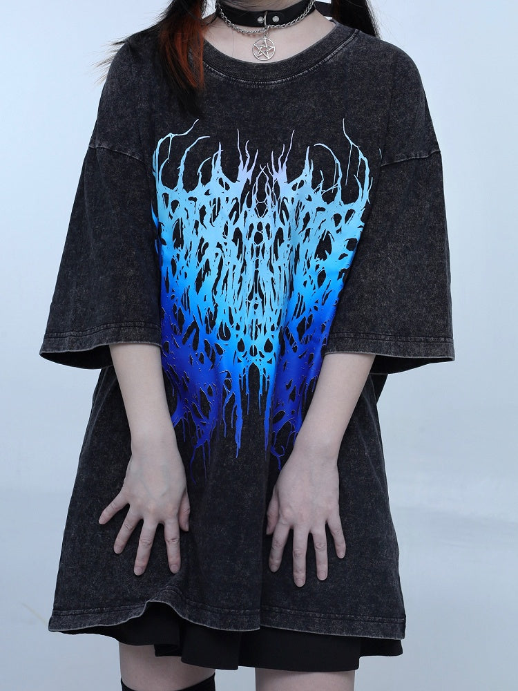 Black Jirai Kei Faded Wash Design Round Neck T-shirt