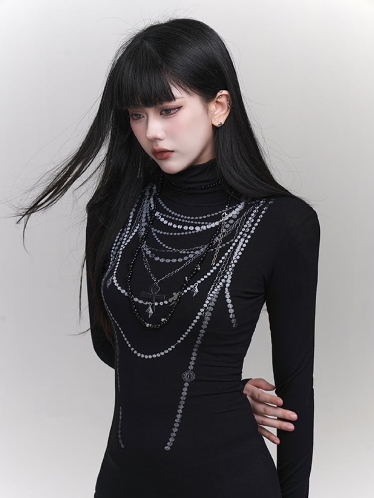Black High Neck Beaded Chain Print Slim-fitting Dress