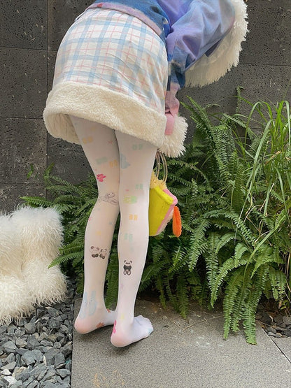 Sweet White Tights With Multi-Color Bear Print